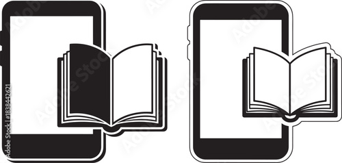 Two smartphones displaying an open book icon in silhouette