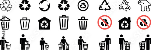 Recycling and waste management icons set, eco friendly symbol collection, trash bin signs, environment protection vector graphics for sustainability awareness