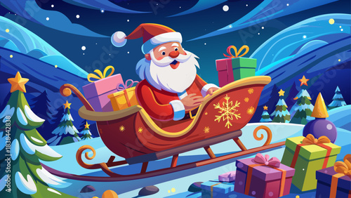 Very beautiful scene of Santa guiding his elegant sleigh through sparkling winter clouds, carrying beautifully wrapped presents, creating a dreamy and enchanting holiday atmosphere filled with warmth,