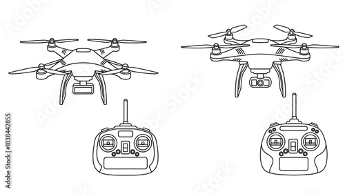 Line drawing of two drones and a remote control for operation