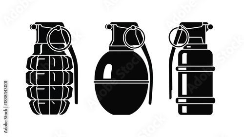 Three black and white silhouettes of vintage hand grenades displayed side by side