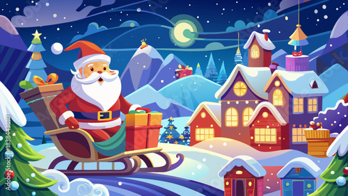 Very beautiful scene of Santa guiding his elegant sleigh through sparkling winter clouds, carrying beautifully wrapped presents, creating a dreamy and enchanting holiday atmosphere filled with warmth,