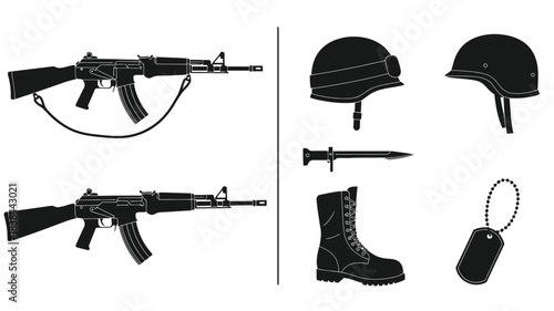 Military equipment illustration rifles helmets boots and a bayonet depicted in black