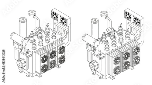 Detailed technical illustration of two electrical substations with cooling systems