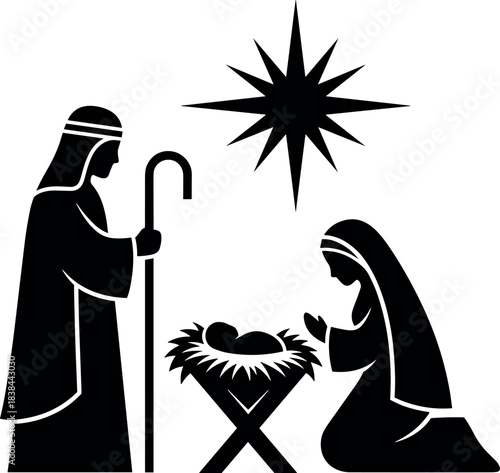 Black and white nativity silhouette with holy family, star of Bethlehem, Christmas religious scene, baby Jesus in manger illustration