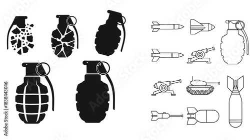 Black silhouette icons depicting various military explosives and weapon designs