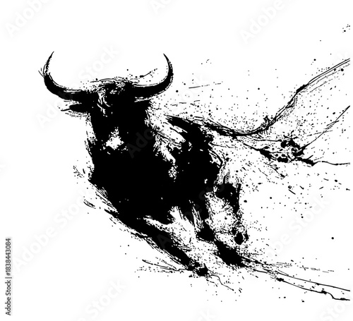 Dynamic black ink bull illustration symbolizing Chinese zodiac ox year with traditional brush stroke painting style