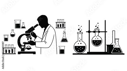 A scientist conducting research with laboratory equipment and glassware in a black and white illustration