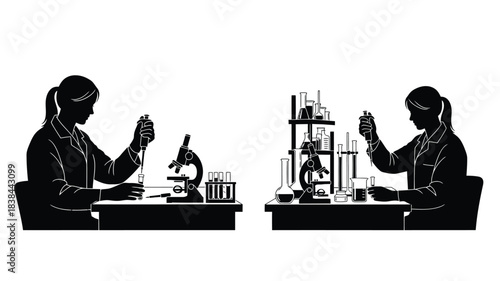 Two scientists working in a laboratory setting with microscopes and glassware