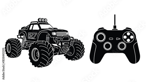 A black and white illustration of a monster truck and its remote control