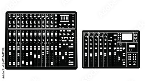 Detailed view of two professional audio mixing consoles in monochrome style