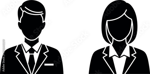 Business professional male and female silhouette icons for corporate identity, user interface, HR profiles, and workplace gender representation.