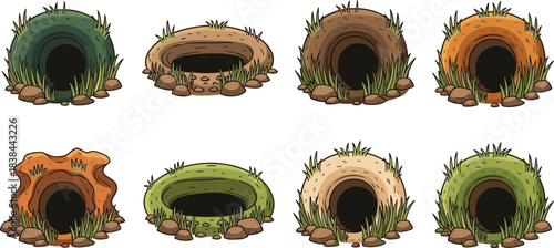 Animal Burrow Hole and Den Set; Stylized Underground Entrance Graphics, Isolated Vector for Game Elements, Ground Holes, Cave Entrances, and Underground Tunnels.