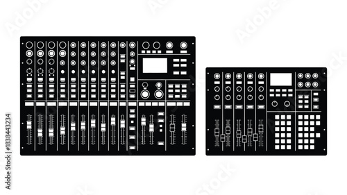 Detailed view of black audio mixing consoles with numerous controls and faders