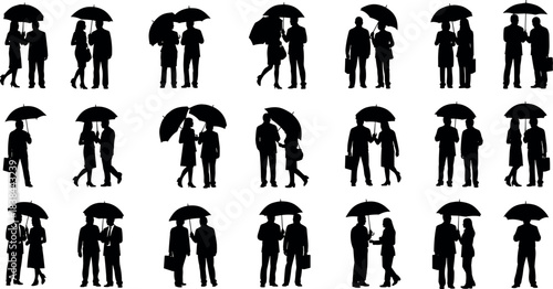 Business people silhouettes under umbrellas in various poses, teamwork and interaction concept for corporate, lifestyle, and weather-themed design.