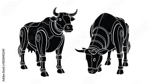 Two robotic cows with articulated joints in a black and white design