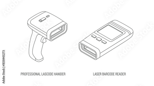 Line drawing of two handheld laser barcode scanners a technical illustration