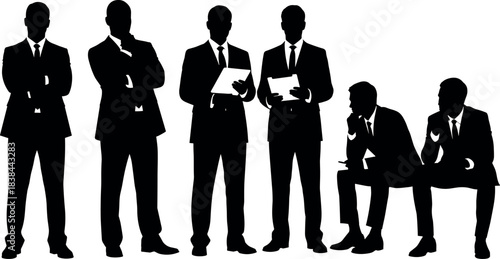 Business professionals in formal attire silhouette set showing teamwork, leadership, decision-making, corporate posture, office behavior, and collaboration scenes.