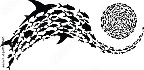 Black and White Shoal of Fish Forming a Giant Dolphin and a Spiral Bait Ball; Unity, Collective Behavior, and Nature's Defensive Art in Silhouette.