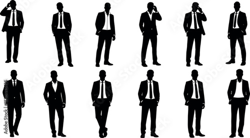 Businessmen Silhouettes in Professional Poses Wearing Suits Standing Confidently with Mobile Phones and Crossed Arms on White Background