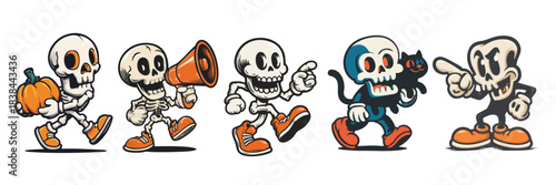 vintage retro style halloween skeleton cartoon mascot character with expressive faces and gestures