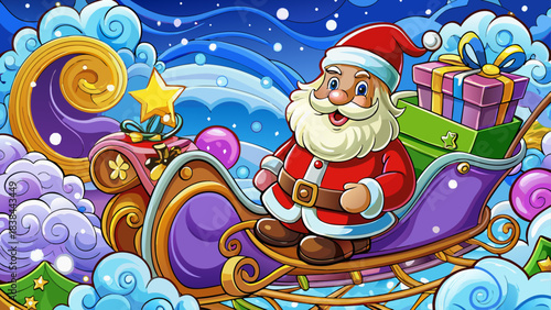 Very beautiful scene of Santa guiding his elegant sleigh through sparkling winter clouds, carrying beautifully wrapped presents, creating a dreamy and enchanting holiday atmosphere filled with warmth,
