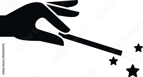 Hand silhouette holding a magic wand producing stars, representing illusion and fantasy