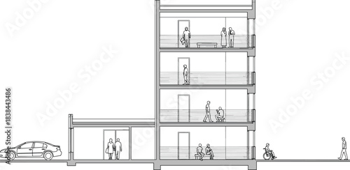 Architectural building section drawing, detailed multi-story structure, human activity illustration, urban design plan, technical elevation sketch, modern architecture blueprint with people