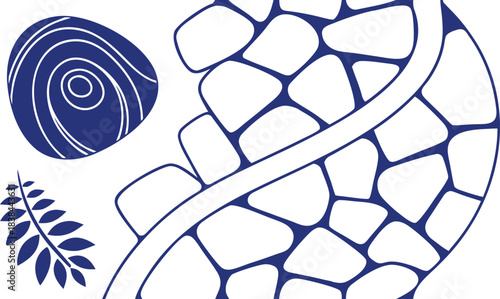Blue abstract nature composition featuring stone shapes, a spiral pebble, and botanical leaf elements. Clean vector design blends organic textures with modern minimal style. Ideal for creative 