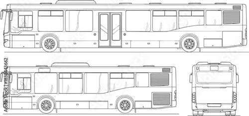 Bus blueprint illustration, detailed public transport schematic, side and front elevation drawings, urban transit vehicle design line art, technical CAD bus outline for engineering projects