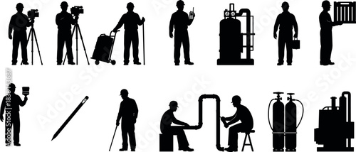 Industrial workers and equipment silhouettes set depicting construction, engineering, maintenance, safety, tools, teamwork, factory operations, and labor roles.