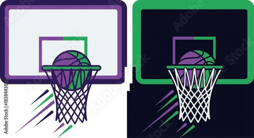 Basketball hoop with net and ball, graphic illustration in two color schemes