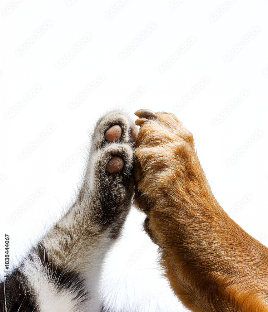 Obraz premium Cat Paw and Dog Paw Clapping – High-Definition Photo on White Background