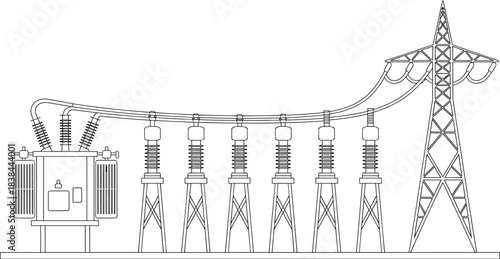 High voltage substation illustration with transformer, electrical power infrastructure drawing, energy transmission system diagram, utility grid equipment vector, industrial electricity network