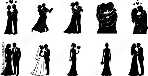 Romantic wedding couple silhouette vector set with love hearts, bride groom poses, dancing, kissing, embracing, bouquet, bridal theme
