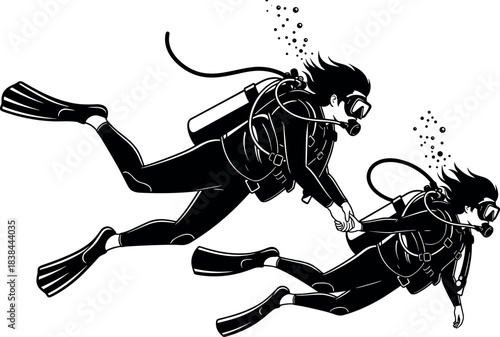 Scuba divers underwater holding hands in ocean, teamwork and safety in deep sea exploration with full scuba diving gear