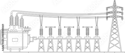 High voltage electrical substation transformer with circuit breakers, insulators, power lines and transmission tower system engineering illustration energy distribution infrastructure diagram, vector