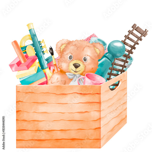 A box full of children's toys. Watercolor cartoon liiustration on a white background. Concept for toy storage, toy donations, and children's charity. Taddy bear. Vibrant colors
