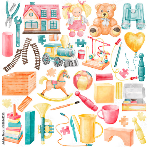 Set of children's toys. Children's games. Watercolor cartoon illustration isolated on white background. Soft toys, train, doll, educational toys, wooden toys.