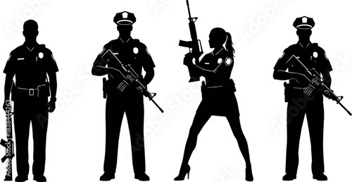 Silhouette of armed police officers in uniform with rifles, standing in various poses, including female officer in skirt and heels.