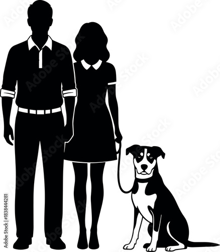 Silhouette of man, woman, and dog walking together outdoors, representing family bond, companionship, pet care, and lifestyle harmony.