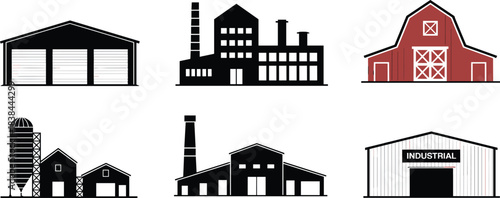 Industrial and farm buildings illustration set, factory silhouettes, barn structures, warehouse icons, agricultural facility graphics, rural and industrial architecture collection design