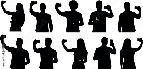Silhouette people taking selfies with smartphones in various poses, modern lifestyle concept, digital culture, mobile photography, vector illustration
