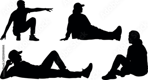 Silhouette set of seated and reclining human poses in casual relaxed positions for body language, posture, and ergonomic design concepts.