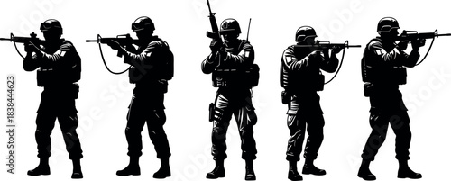 Silhouetted armed soldiers in tactical gear aiming rifles during combat mission, military operation, defense security, warfare illustration vector art
