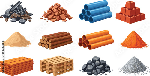 Isometric Construction Building Materials Vector Set; Collection of Sand, Gravel, Wood Logs, Bricks, Metal Pipes, Pallets, and Rubble Piles for Industrial and Mining Graphics.