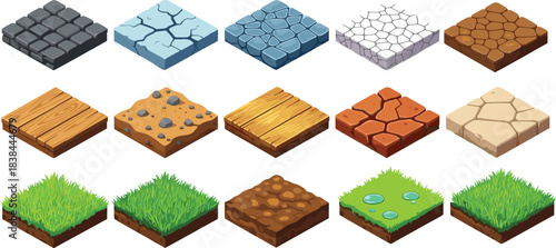 Isometric Game Ground Tiles Vector Set; Collection of Seamless Textures Including Grass, Dirt, Cobblestone, Cracked Earth, Wood Planks, and Gravel for Mobile or Video Game Levels.