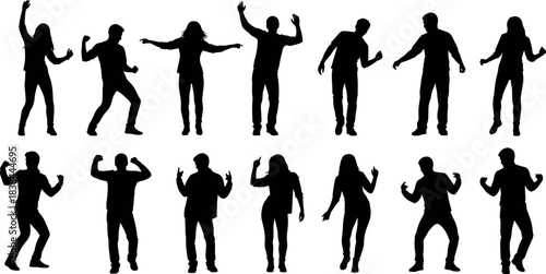 Silhouettes of Diverse People Dancing in Energetic Poses, Expressive Movement, Rhythm and Joy for Party, Festival, Event, Celebration Themes