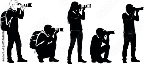 Silhouettes of photographers in action with cameras and backpacks capturing dynamic outdoor scenes from various creative shooting angles