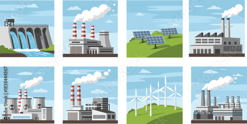 Power and Energy Generation Set Vector Illustration; Collection of Traditional and Renewable Sources Like Dam, Nuclear, Factory, Solar Panels, and Wind Turbines for Electricity Supply.